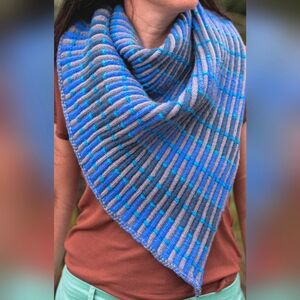 Hand Knitted Unisex Triangular Scarf Warm Striped Blue Gray American Wool